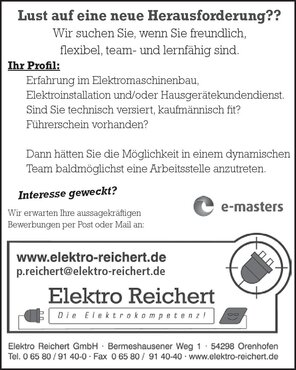 Bewerben Sie sich bei uns! Elektro Reichert GmbH in Orenhofen